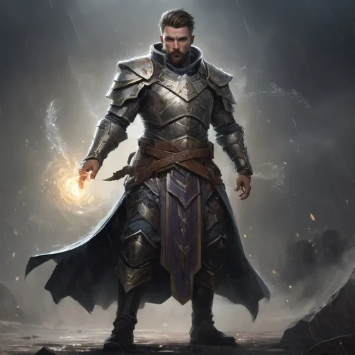 Prompt: Male stocky heavy-set large armoured cleric with short-cut hair and beard, casting a magical spell out of hands, on a battlefield in the rain, pathfinder, d&d setting, in a realistic high quality digital art style, enhanced shadow quality