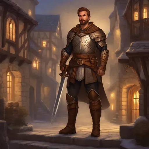 Prompt: (Fullbody) male adult paladin manly face, brown short-hair short-bearded, without armor on visible hairy chest, heavy belt, brown boots, pathfinder, dungeons and dragons, outside a town at night, in a painted style, realistic