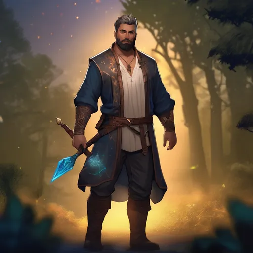 Prompt: (Full body) male stocky eidolon-summoner with short hair and beard, open shirt, in dark lit nature background, pathfinder, d&d setting, in a realistic digital art style