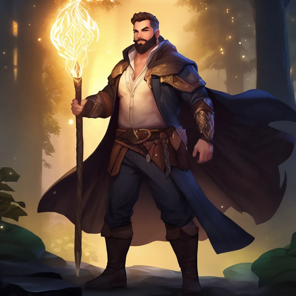 Prompt: (Full body) male stocky magical summoner with short hair and beard, open shirt, in dark lit nature background, pathfinder, d&d setting, in a realistic digital art style