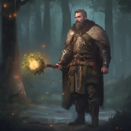 Prompt: (Full body) male stocky druid with short-cut hair and beard, holding magical tree staff, in a forest at night, leaf-shoulderguards, cloak, heavy belt, pathfinder, d&d setting, in a realistic digital art style