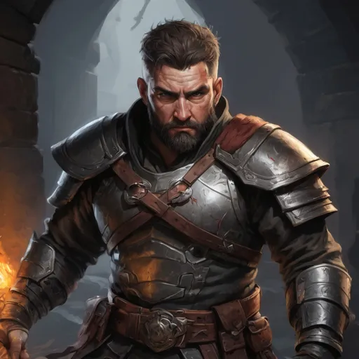 Prompt: Male stocky large mature fighter with short-cut hair and beard, engaged in combat inside of a dark dungeon, pathfinder, d&d setting, in a realistic high quality digital art style, enhanced shadow quality, colorful