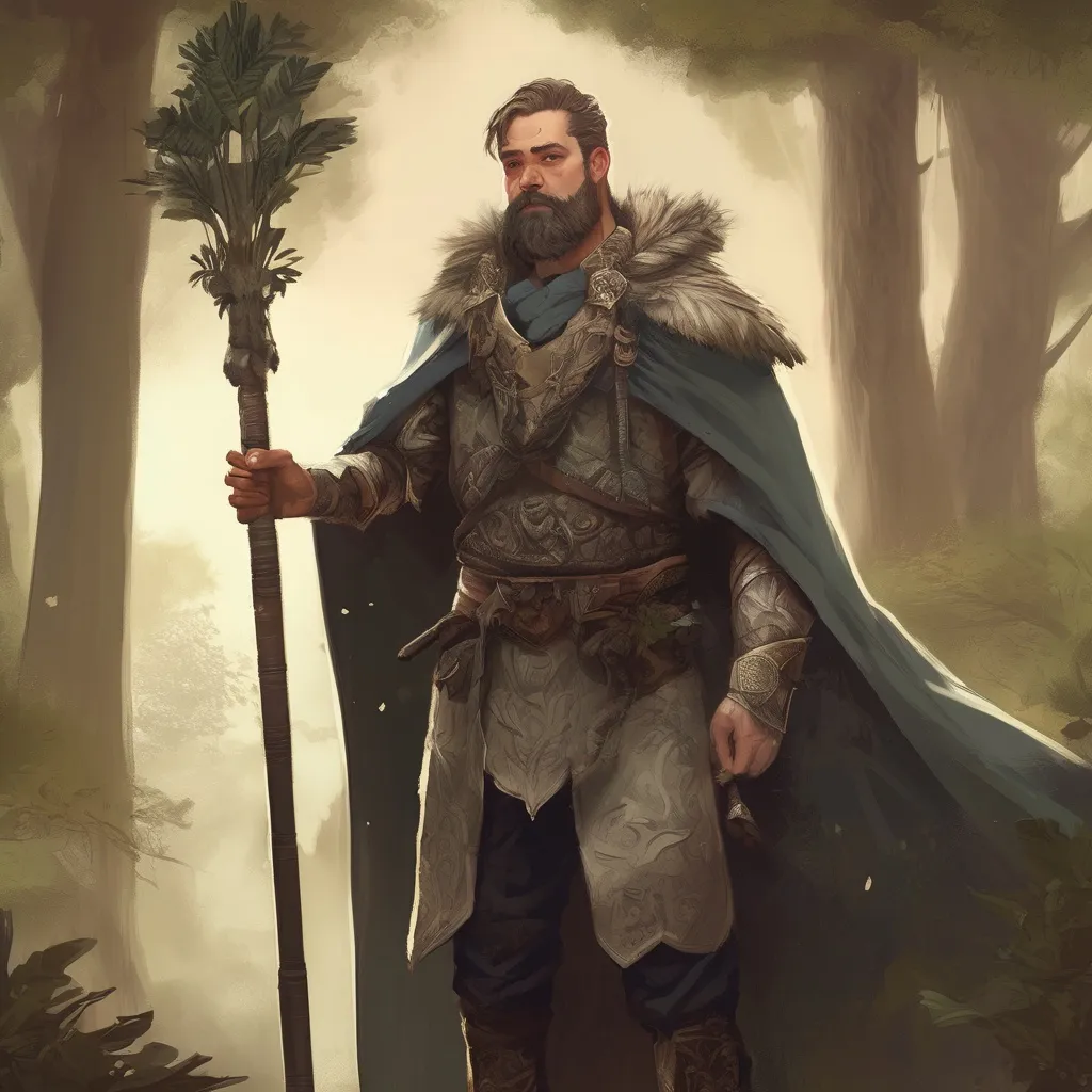 Prompt: (Full body) male stocky druid with short-cut hair and beard, holding magical tree staff, in a forest at night, leaf-shoulderguards, cloak, heavy belt, pathfinder, d&d setting, in a realistic digital art style