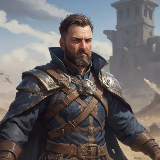 Prompt: Male heavy-set mature fit sorcerer with short-cut hair and beard, in a windy battlefield, pathfinder, d&d setting, enhanced shadow quality
