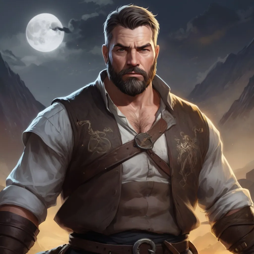 Prompt: (torso) Male stocky large fat beefy 42-year old enchanter with short-cut hair and beard, open shirt hairy chest, in combat casting a magic-spell out of hand in a windy valley at night, pathfinder, d&d setting, in a realistic high quality digital art style, enhanced shadow quality