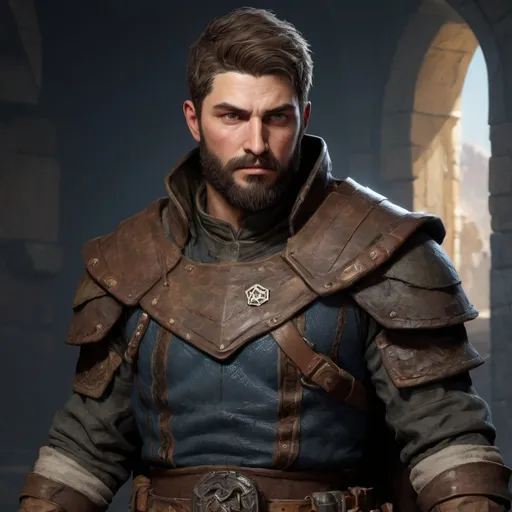 Prompt: Male stocky large ranger with short-cut hair and beard, exploring a dark trasure room, pathfinder, d&d setting, realistic, enhanced shadow quality