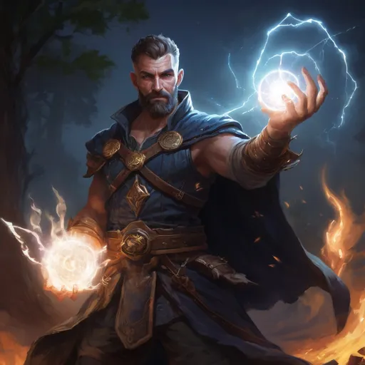 Prompt: Male stocky large mature muscular sorcerer with short-cut hair and beard, in combat casting a magic-ray out of hands in nature at night, pathfinder, d&d setting, in a realistic high quality digital art style, enhanced shadow quality, colorful