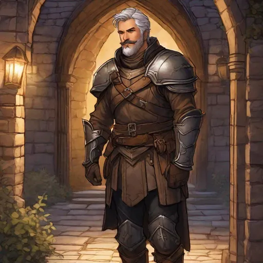 Prompt: (Full body) A hairy broad-chested large handsome male rogue with short-cut grey hair a mustache and stubble, pathfinger,  armor, dungeons and dragons, hairy chest, brown boots, fantasy setting, coming out a large towngate late at night, in a painted style realistic art