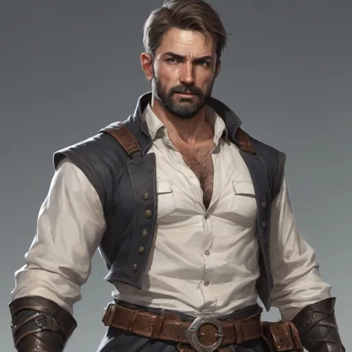 Prompt: (torso) Male stocky large fit 37-year old Link with short-cut hair and beard, open shirt hairy chest, in combat casting a magic-ray out of hands in a windy path, pathfinder, d&d setting, in a realistic high quality digital art style, enhanced shadow quality, colorful