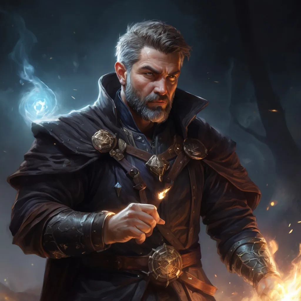 Prompt: Male stocky large mature fit battle-mage with short-cut hair and beard, engaged in combat casting a light-spell in dark nature at night, pathfinder, d&d setting, realistic, enhanced shadow quality