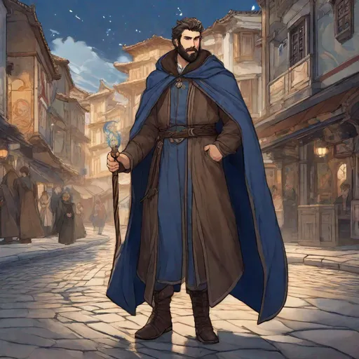 Prompt: (Full-body) a handsome large hairy male mage with short hair and short beard, staff emitting weak light in one hand, light swirl in other hand, wearing dark-blue robe with details, visible chest hair, brown cloak, boots, street in a town, in a shaded painted style