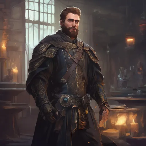 Prompt: (Full body) male stocky young royal noble with short-cut hair and beard, in a dark labratory, pathfinder, d&d setting, in a realistic digital art style