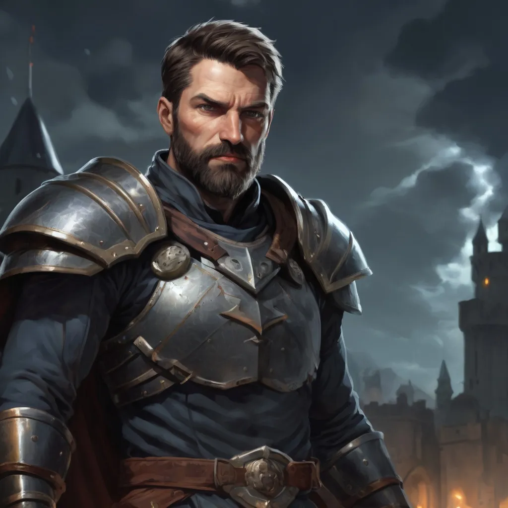 Prompt: Male heavy-set mature fit muscular large crusader with short-cut hair and beard, in a windy castleground at night, pathfinder, d&d setting, enhanced shadow quality
