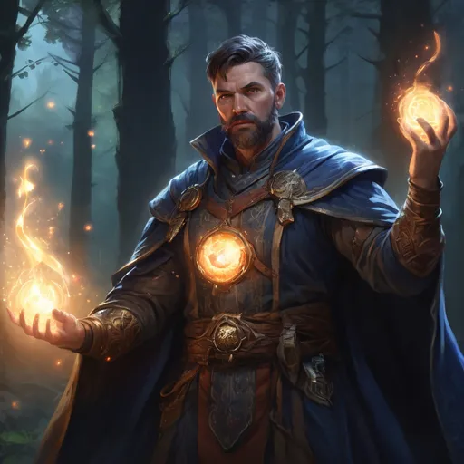 Prompt: Male stocky heavy-set mature summoner with short-cut hair and beard, magical glowing robes, casting a spell in combat outside of fantasy forest at night, pathfinder, d&d setting, in a realistic high quality digital art style, enhanced shadow quality