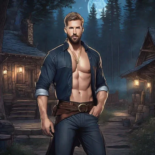 Prompt: calvin harris as a handsome fighter with no shirt on, short hair and beard, hairy chest, manly face, fantasy setting, boots, belt, standing outside a tavern in the woods at night, in a realistic digital style