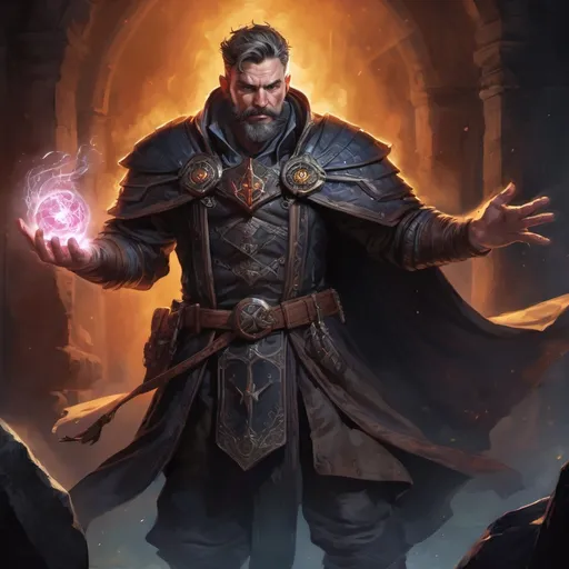 Prompt: Male stocky large mature warlock with short-cut hair and beard, engaged in combat casting a bright spell inside of a dark dungeon, pathfinder, d&d setting, in a realistic high quality digital art style, enhanced shadow quality, colorful