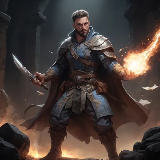 Prompt: Male stocky large muscular battle-mage with short-cut hair and beard, engaged in combat casting a white-light spell inside of a dark dungeon, pathfinder, d&d setting, realistic, enhanced shadow quality, colorful