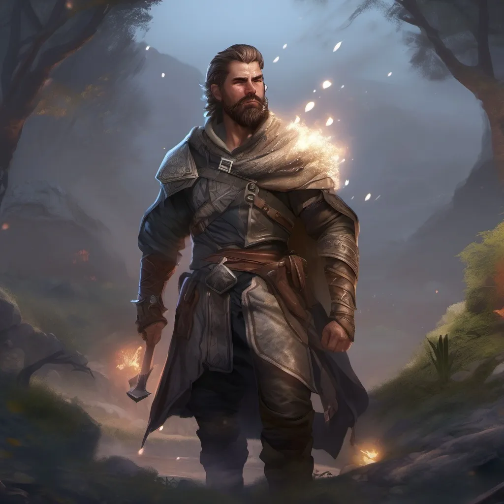 Prompt: (Full body) male stocky ranger with short-cut hair and beard, no shirt on, hairy chest, casting a swirly nature-spell, in nature at night pathfinder, d&d setting, in a realistic digital art style