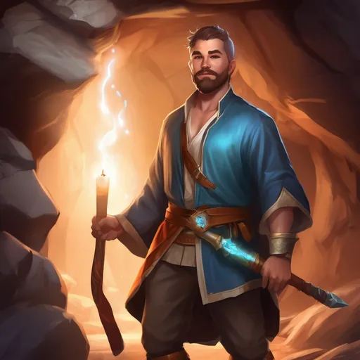 Prompt: (Full body) male stocky magical balance-mage with short hair and beard, open shirt, in a underground cave, pathfinder, d&d setting, in a realistic digital art style