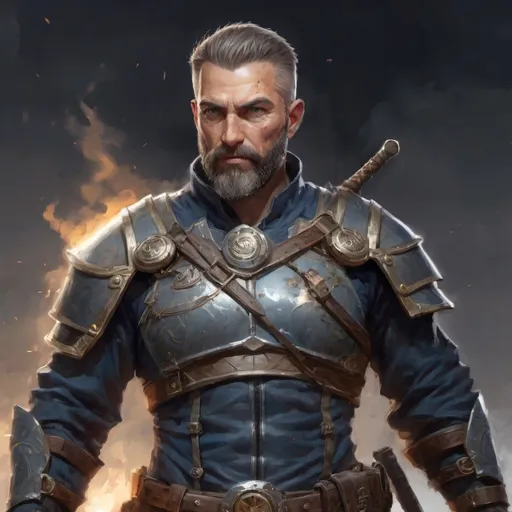 Prompt: (torso) Male heavy-set mature fit magical transmuter with short-cut hair and beard, holding fantasy-weapon, in movement, in a windy battlefield, pathfinder, d&d setting, enhanced shadow quality