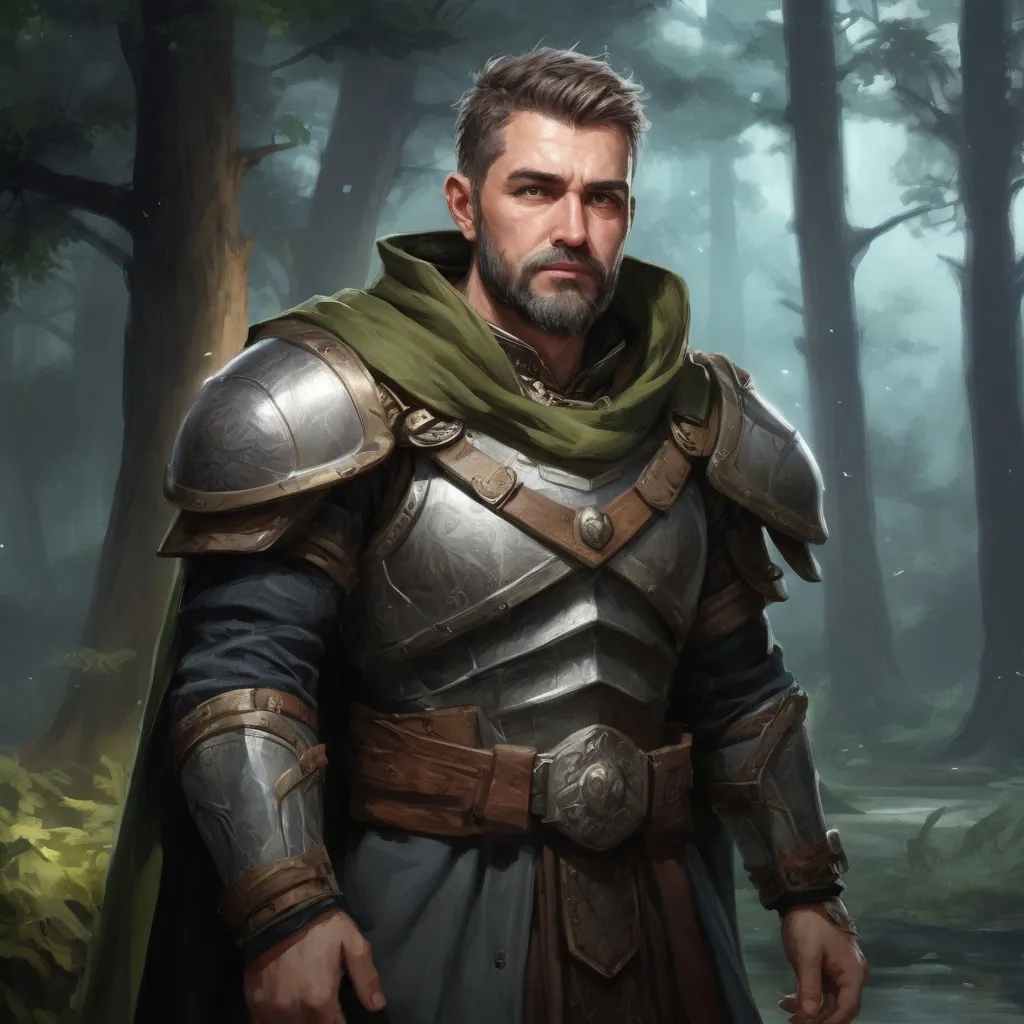 Prompt: Male stocky heavy-set mature fantasy-druid with short-cut hair and beard, nature-armour, outside of fantasy forest at night, pathfinder, d&d setting, in a realistic high quality digital art style, enhanced shadow quality