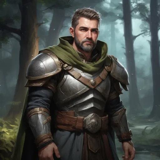 Prompt: Male stocky heavy-set mature fantasy-druid with short-cut hair and beard, nature-armour, outside of fantasy forest at night, pathfinder, d&d setting, in a realistic high quality digital art style, enhanced shadow quality