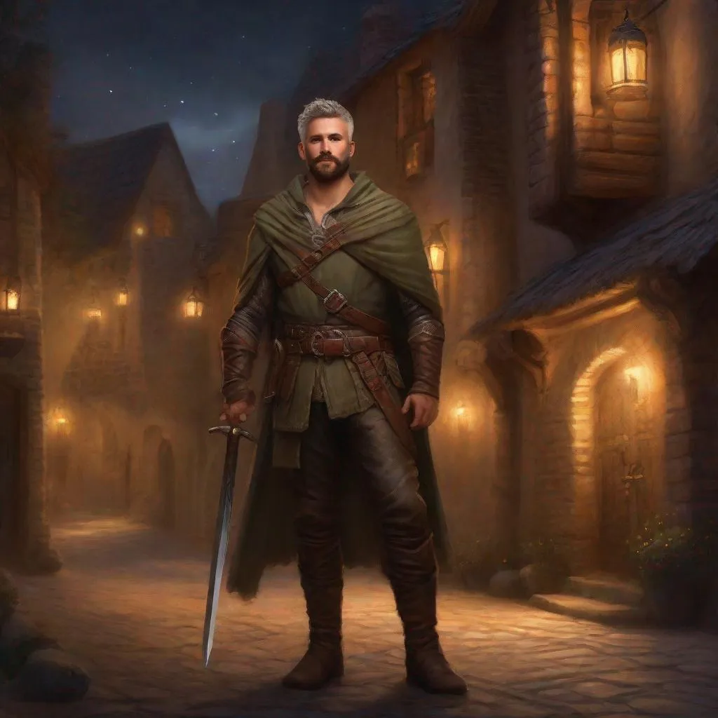 Prompt: (Full body) A male ranger with a fuzzy chest short-cut salt and pepper hair with short-beard manly face no shirt on, pathfinder, faint lights in the background, holding sword, dungeons and dragons, brown boots, fantasy setting, standing in a backstreet at night, in a painted style realistic art