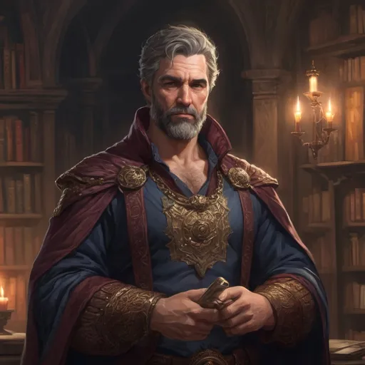 Prompt: (torso) Male stocky mature noble mage, with short hair and beard, open shirt, hairy chest, in a dark library in a castle, pathfinder, d&d setting, in a realistic high quality digital art style, enhanced shadow quality, colorful