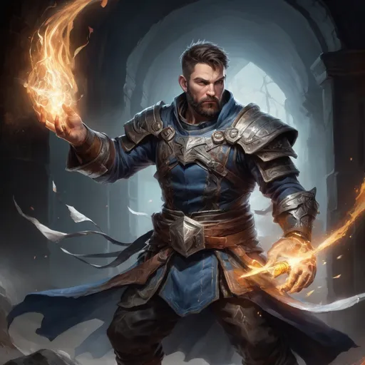 Prompt: Male stocky large muscular battle-mage with short-cut hair and beard, engaged in combat casting a white-light spell inside of a dark dungeon, pathfinder, d&d setting, realistic, enhanced shadow quality, colorful