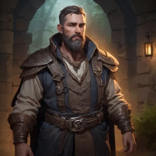 Prompt: (Full body) male stocky heavy-set enchanter with short hair and beard, outside of a dungeon entrance in nature at night, pathfinder, d&d setting, in a realistic high quality digital art style, enhanced shadow and light
