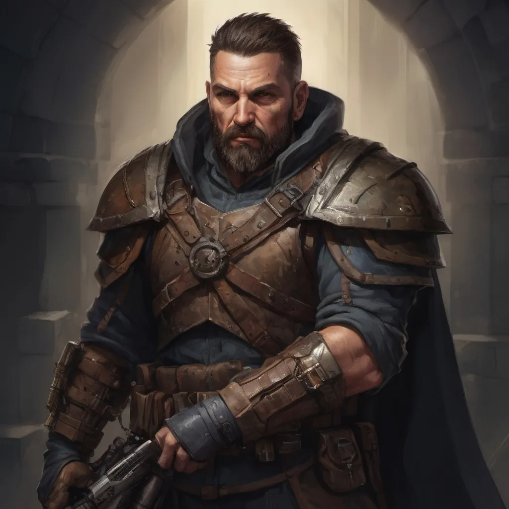 Prompt: (head and torso) Male heavy-set mature bounty-hunter with short-cut hair and beard, holding weapon, in a dark dungeon underground, pathfinder, d&d setting, in a realistic high quality digital art style, enhanced shadow quality