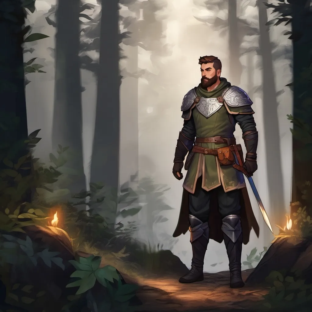 Prompt: (Full body) male fighter with a short hair and beard, standing outside of a dark forest, pathfinder, d&d setting, in a realistic digital art style