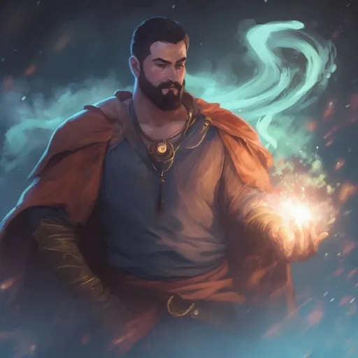 Prompt: (Full body) male stocky big-chested young wizard with striped short hair and beard, hairy chest, casting swirly bright spell, in nature at night, pathfinder, d&d setting, in a realistic high quality digital art style