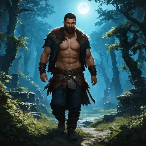 Prompt: (Full body) very hairy-chested male rogue with a short hair and beard, belt and pants, no shirt on, exploring ruins in a forest at night, pathfinder, d&d setting, in a digital art style