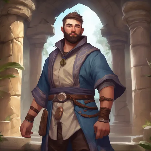 Prompt: (Full body) male stocky nature-mage with short hair and beard, in a temple ruin, pathfinder, d&d setting, in a realistic digital art style