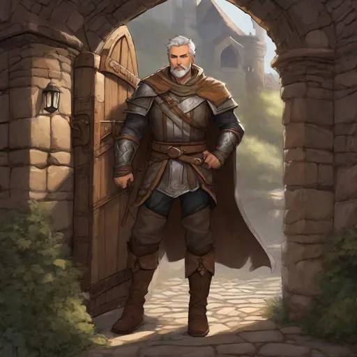 Prompt: (Full body) A hairy broad-chested large handsome male fighter with short-cut grey hair a mustache and stubble, pathfinger, dungeons and dragons, hairy chest, brown boots, fantasy setting, coming out a town gate at midnight, in a painted style realistic