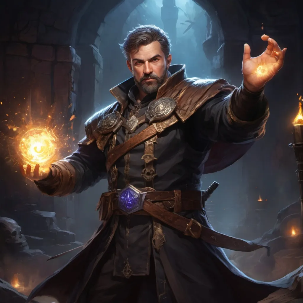 Prompt: Male stocky large mature warlock with short-cut hair and beard, engaged in combat casting a bright spell inside of a dark dungeon, pathfinder, d&d setting, in a realistic high quality digital art style, enhanced shadow quality, colorful