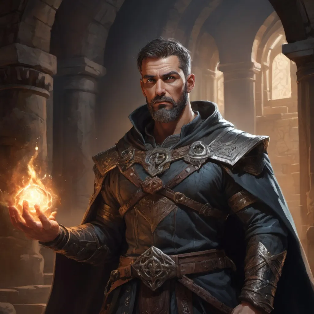 Prompt: Male stocky muscular mature magus with short-cut hair and beard, inside of a magical temple dungeon at night, casting a spell out of the hand, pathfinder, d&d setting, in a realistic high quality digital art style, enhanced shadow quality