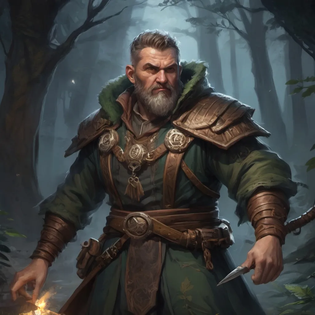 Prompt: Male stocky heavy-set mature druid with short-cut hair and beard, nature-clothes, casting a spell in combat outside of fantasy forest at night, pathfinder, d&d setting, in a realistic high quality digital art style, enhanced shadow quality