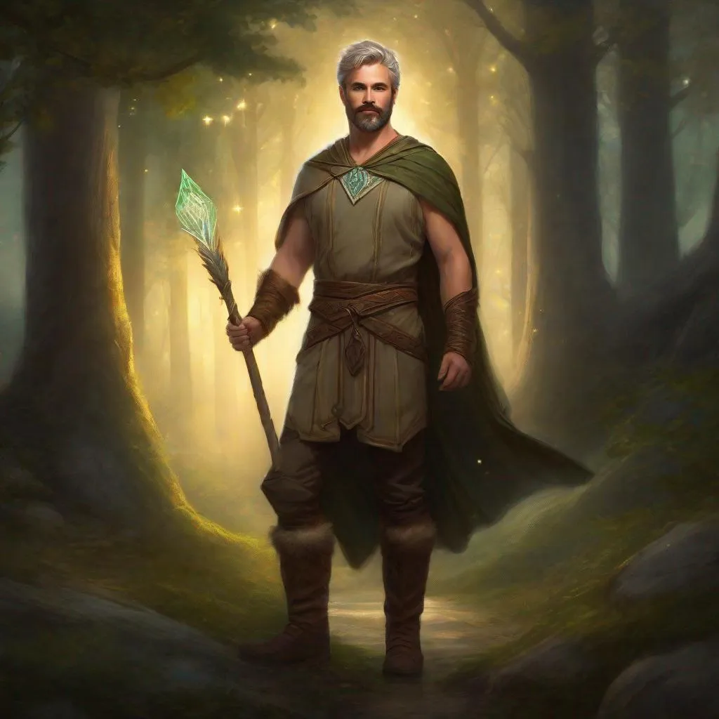 Prompt: (Full body) A male druid bare hairy chest short-cut salt and pepper hair with short-beard manly face, pathfinder, faint lights in the background, holding magic staff, dungeons and dragons, brown boots, fantasy setting, standing in a forest glade at night, in a painted style realistic art