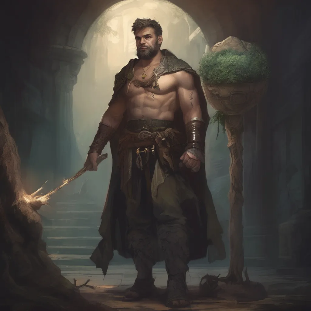 Prompt: (Full body) male stocky druid with short-cut hair and beard, holding magical tree staff, in a dark temple dungeon, no shirt on, cloak, heavy belt, pathfinder, d&d setting, in a realistic digital art style