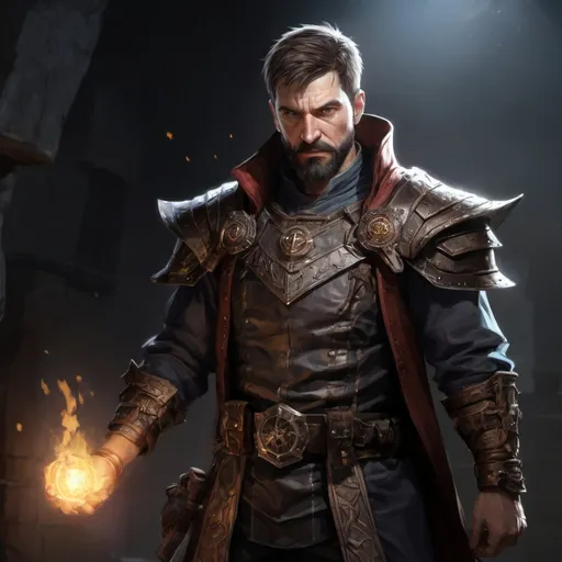 Prompt: (head and torso) Male stocky large mature alchemist with short-cut brown hair and beard, engaged in combat casting a light spell inside of a dark dungeon, pathfinder, d&d setting, in a realistic high quality digital art style, enhanced shadow quality