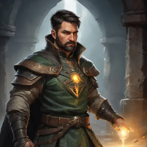Prompt: (torso) Male stocky large fit 37-year old battle mage with short-cut hair and beard, casting a magic-ray out of hands in a underground dungeon, pathfinder, d&d setting, in a realistic high quality digital art style, enhanced shadow quality, colorful