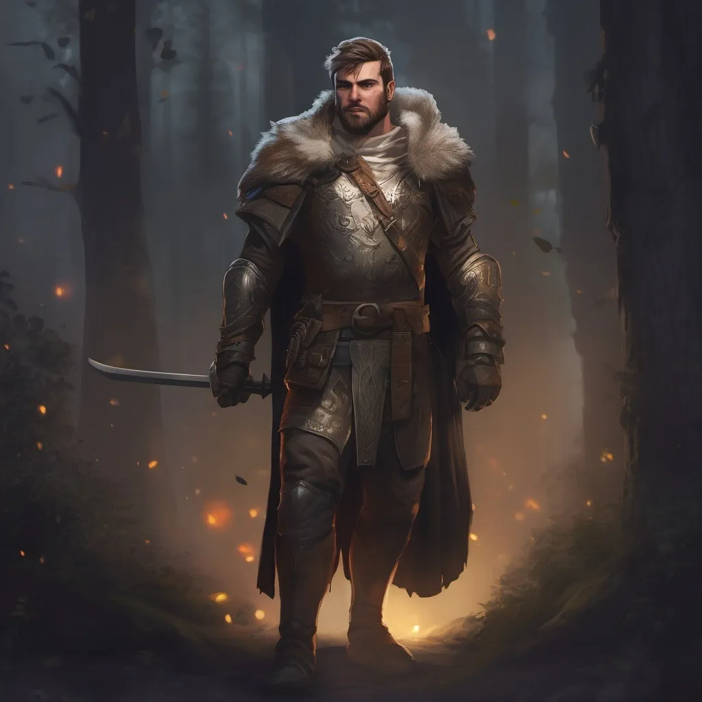 Prompt: (Full body) male stocky young royal knight with short-cut hair and beard, in a dark forest at night, pathfinder, d&d setting, in a realistic digital art style