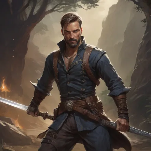 Prompt: (torso) Male heavy-set 38-year old fit swashbuckler with short-cut hair and beard, swinging a magical sword in combat, in movement, in a valley at night, pathfinder, d&d setting, enhanced shadow quality