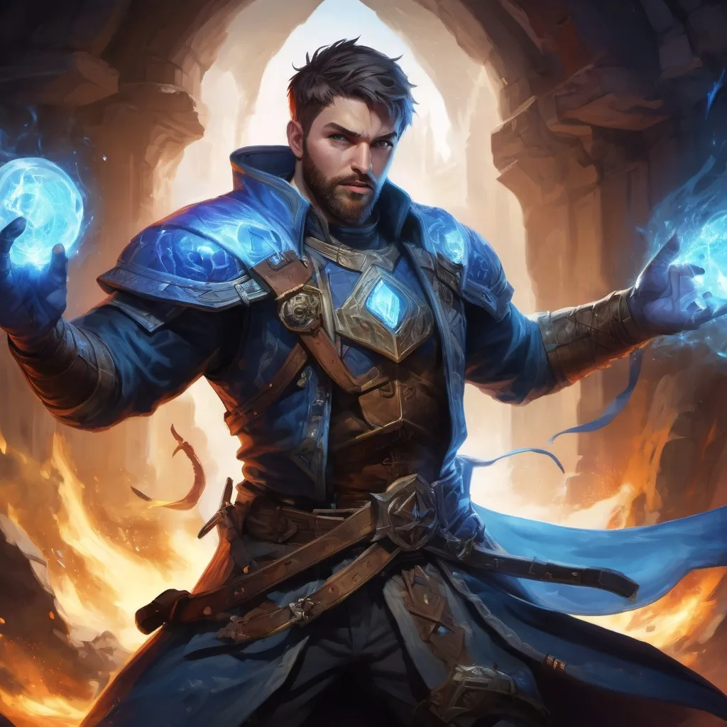 Prompt: Male stocky large battle-mage with short-cut hair and beard, engaged in combat casting a bright-azure spell, inside of a dark cavernous dungeon, pathfinder, d&d setting, in a realistic high quality digital art style, enhanced shadow quality, colorful