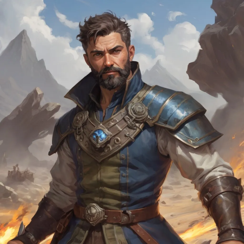 Prompt: Male heavy-set mature fit arcanist with short-cut hair and beard, in a windy battlefield, pathfinder, d&d setting, enhanced shadow quality