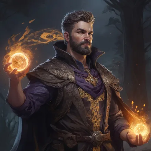 Prompt: (Full body) male stocky heavy-set 
warlock with short hair and beard, hairy chest, casting swirly bright spell, in nature at night, pathfinder, d&d setting, in a realistic high quality digital art style