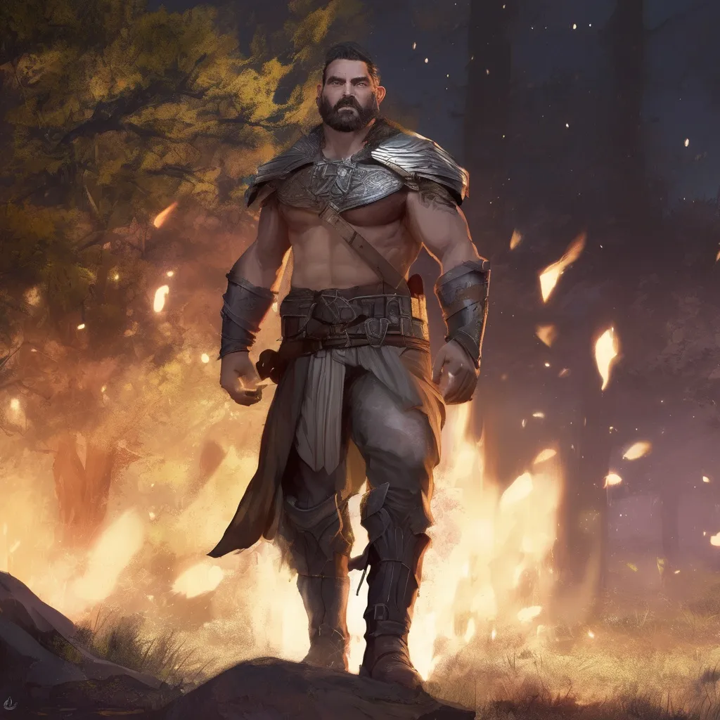 Prompt: (Full body) male stocky big-chested hairy-chested paladin with short hair and beard, no shirt on, in nature at night, pathfinder, d&d setting, in a realistic digital art style