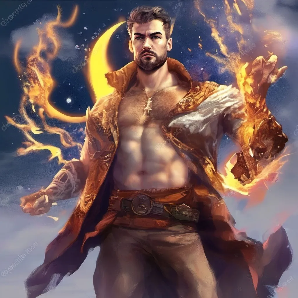 Prompt: (Full body) male stocky big-chested young wizard with striped short hair and beard, hairy chest, casting swirly bright spell, in nature at night, pathfinder, d&d setting, in a realistic high quality digital art style